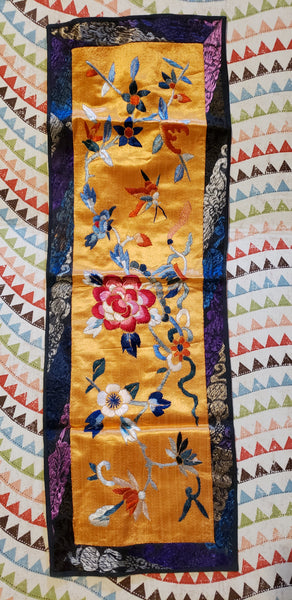 Embroidered silk runner • vintage? • 20" × 6.5"