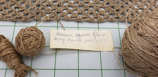 Handspun flax + crocheted items • "way over 100 yrs old"