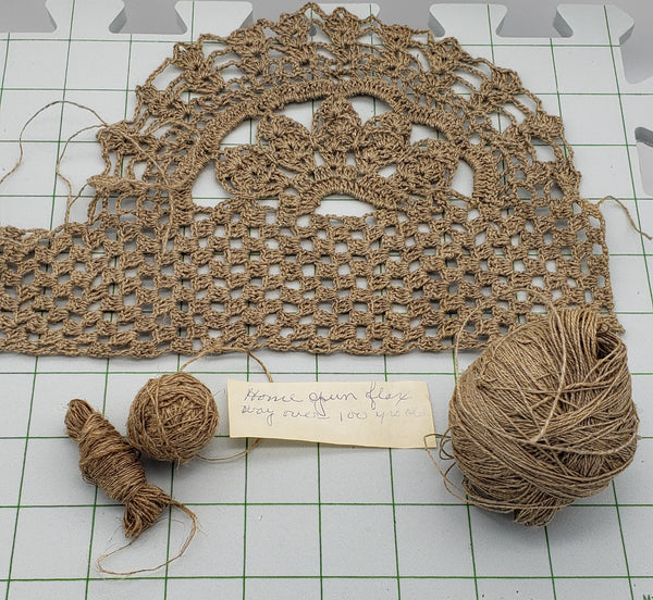Handspun flax + crocheted items • "way over 100 yrs old"